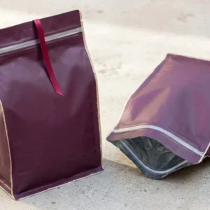 Custom Large Mylar Bags, closed and open view in deep plum, bulk and wholesale with no minimum order