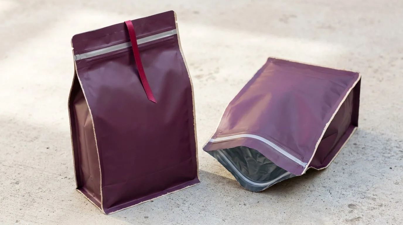 Custom Large Mylar Bags, closed and open view in deep plum, bulk and wholesale with no minimum order
