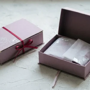 Custom Lingerie Boxes, closed and open view in dusty lavender, bulk and wholesale with no minimum order