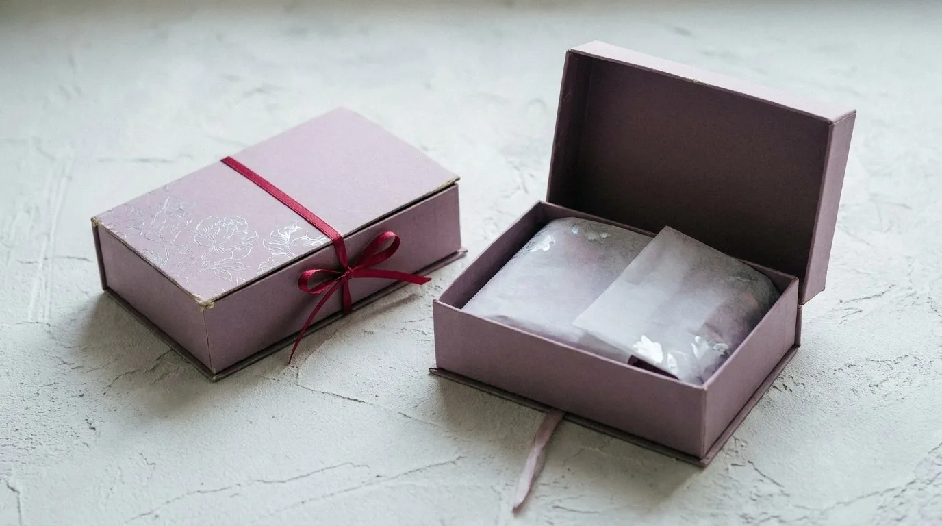 Custom Lingerie Boxes, closed and open view in dusty lavender, bulk and wholesale with no minimum order