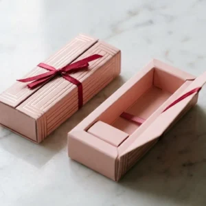 Custom Lip Balm Boxes, closed and open view in soft blush pink, bulk and wholesale with no minimum order