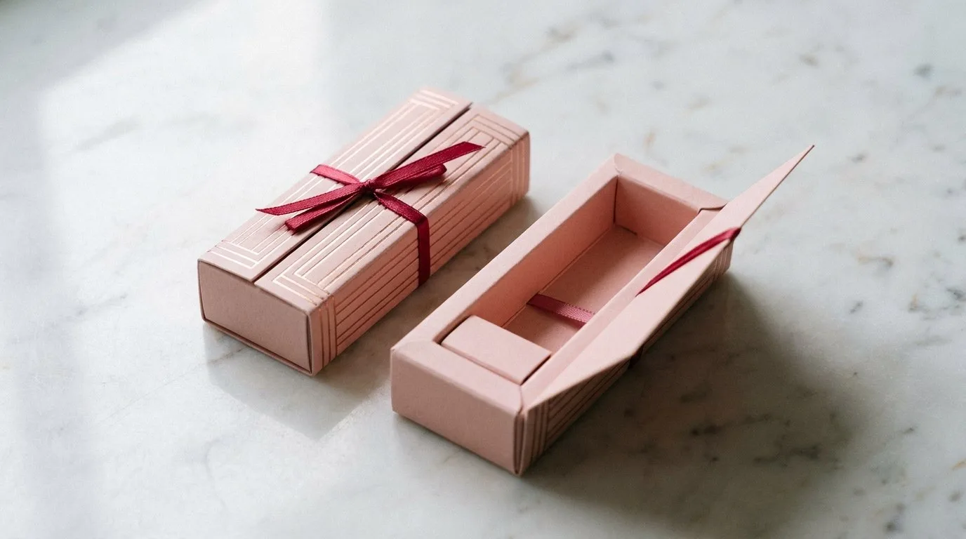 Custom Lip Balm Boxes, closed and open view in soft blush pink, bulk and wholesale with no minimum order