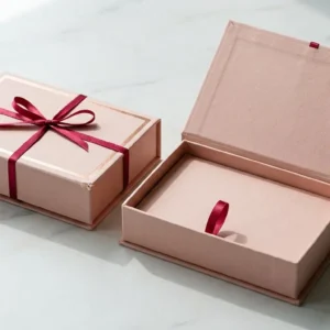 Custom Lip Gloss Boxes, closed and open view in soft blush pink, bulk and wholesale with no minimum order