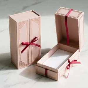 Custom Lotion Boxes, closed and open view in soft blush pink, bulk and wholesale with no minimum order