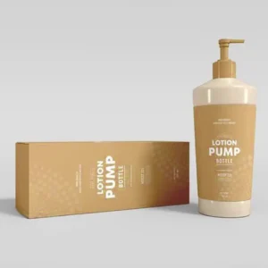 Custom lotion box in kraft printed with product detail, standing beside the pump bottle it holds.