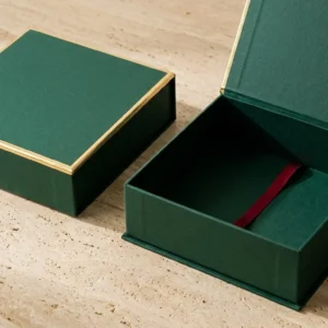 Custom Luxury Brand Packaging, closed and open view in deep emerald green, bulk and wholesale with no minimum order