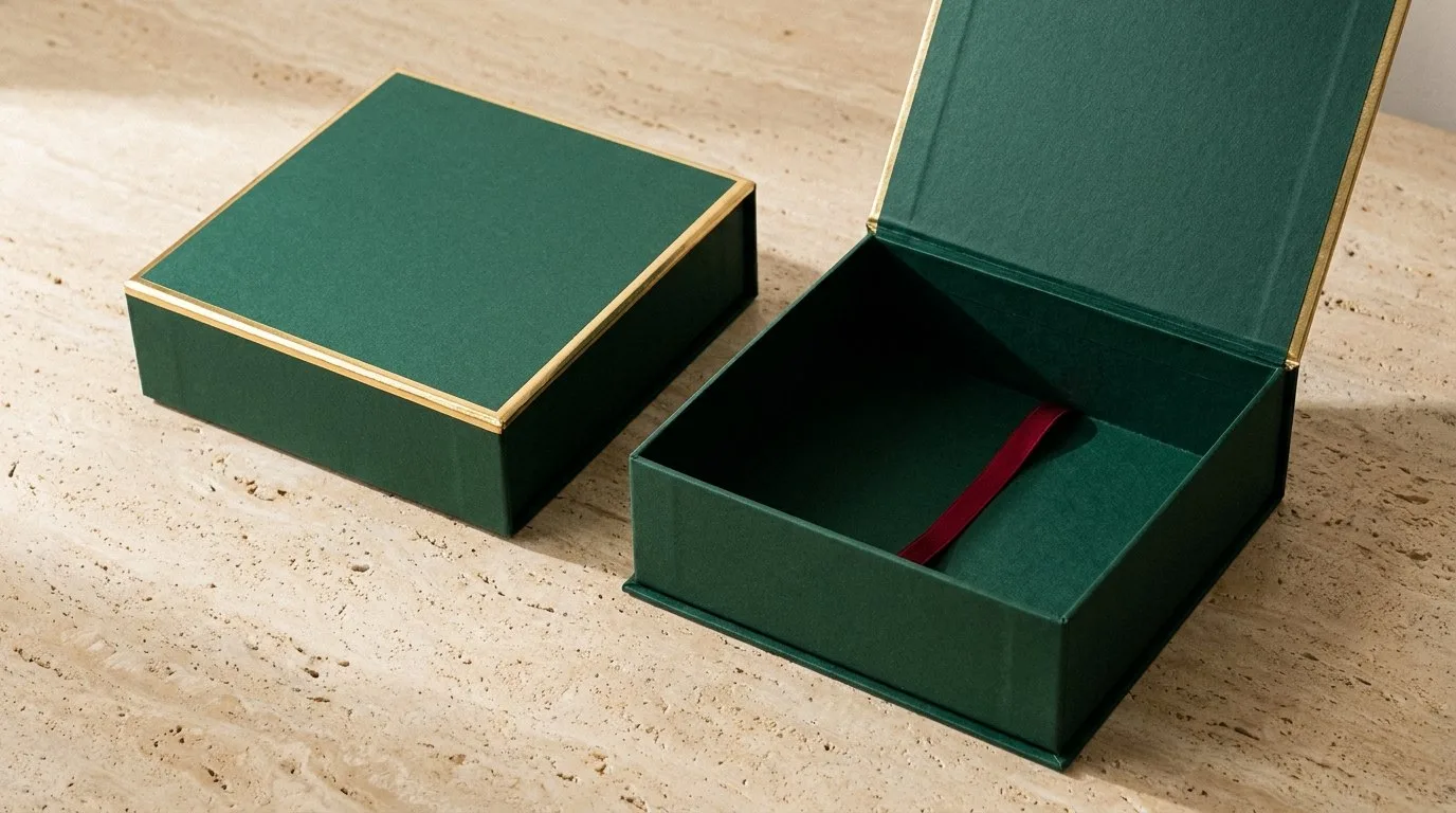 Custom Luxury Brand Packaging, closed and open view in deep emerald green, bulk and wholesale with no minimum order