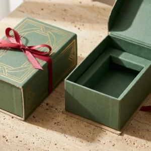 Custom Luxury Candle Boxes, closed and open view in deep sage green, bulk and wholesale with no minimum order