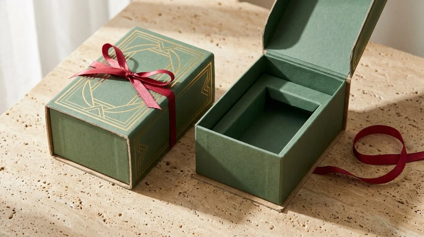 Custom Luxury Candle Boxes, closed and open view in deep sage green, bulk and wholesale with no minimum order