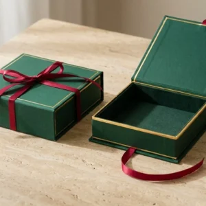 Custom Luxury Gift Boxes, closed and open view in deep emerald green, bulk and wholesale with no minimum order