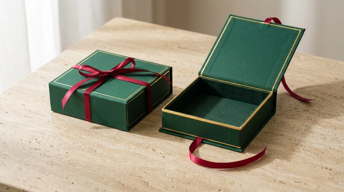 Custom Luxury Gift Boxes, closed and open view in deep emerald green, bulk and wholesale with no minimum order
