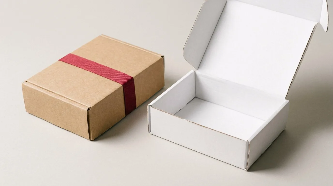 Custom Luxury Mailer Boxes, closed and open view in natural kraft and white, bulk and wholesale with no minimum order