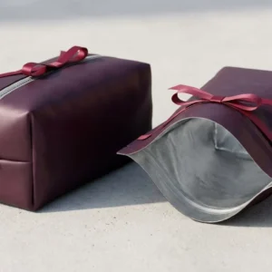 Custom Luxury Mylar Bags, closed and open view in deep plum, bulk and wholesale with no minimum order