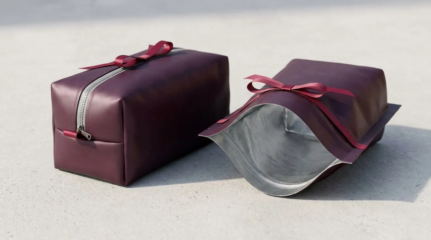 Custom Luxury Mylar Bags, closed and open view in deep plum, bulk and wholesale with no minimum order