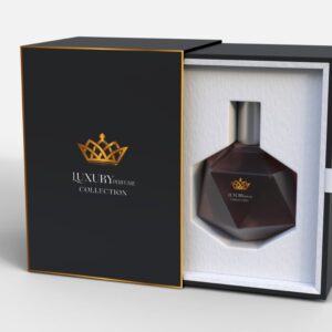 Custom luxury perfume packaging in black and white, opened to show the perfume bottle in a fitted insert.