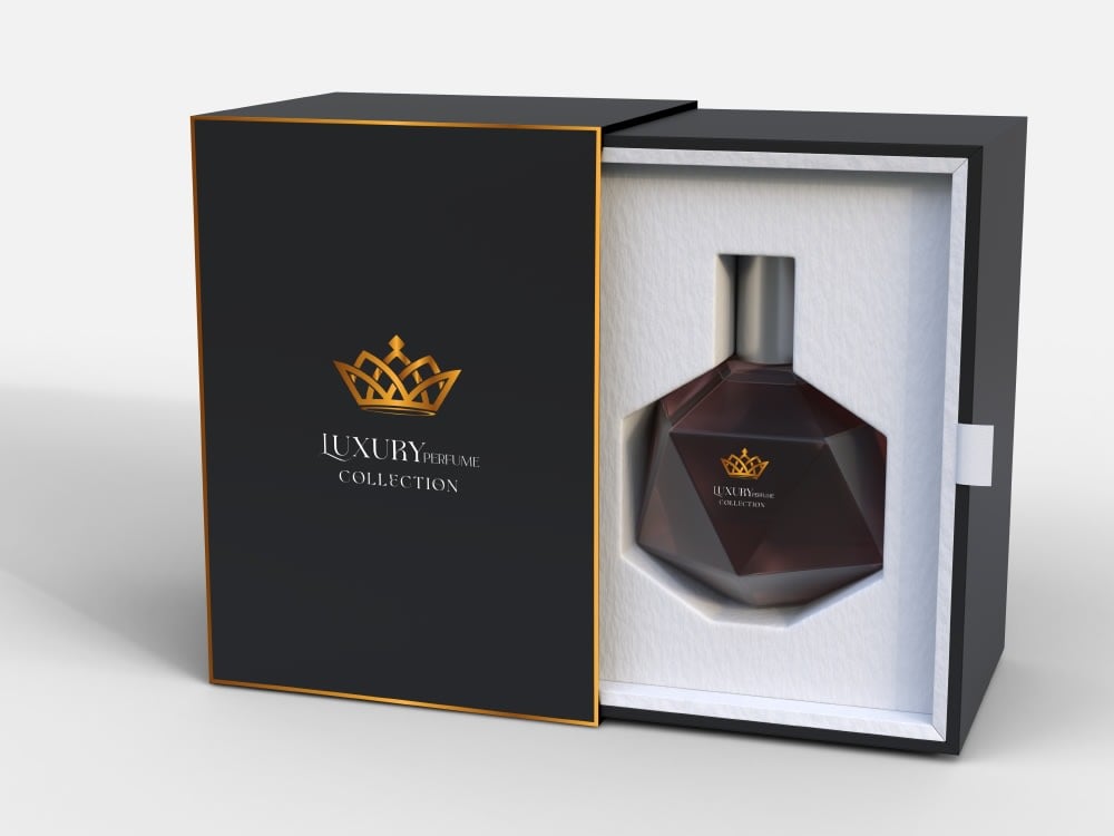 Custom luxury perfume packaging in black and white, opened to show the perfume bottle in a fitted insert.