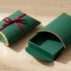 Custom Luxury Pillow Boxes, closed and open view in deep emerald green, bulk and wholesale with no minimum order