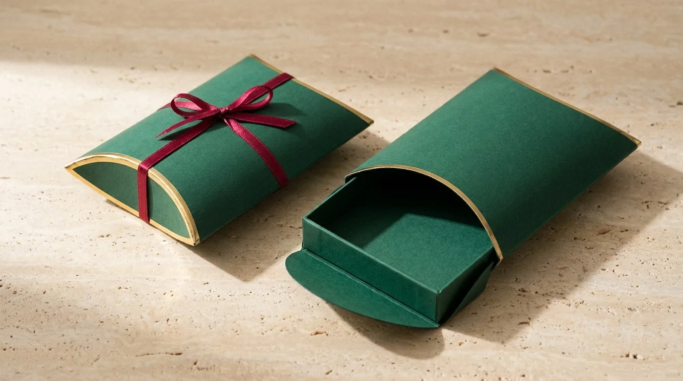 Custom Luxury Pillow Boxes, closed and open view in deep emerald green, bulk and wholesale with no minimum order