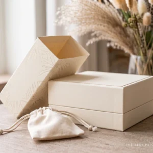 Custom luxury product packaging in ivory: a rigid two piece box with a blind embossed lid leaning against it and a cotton drawstring pouch in front.