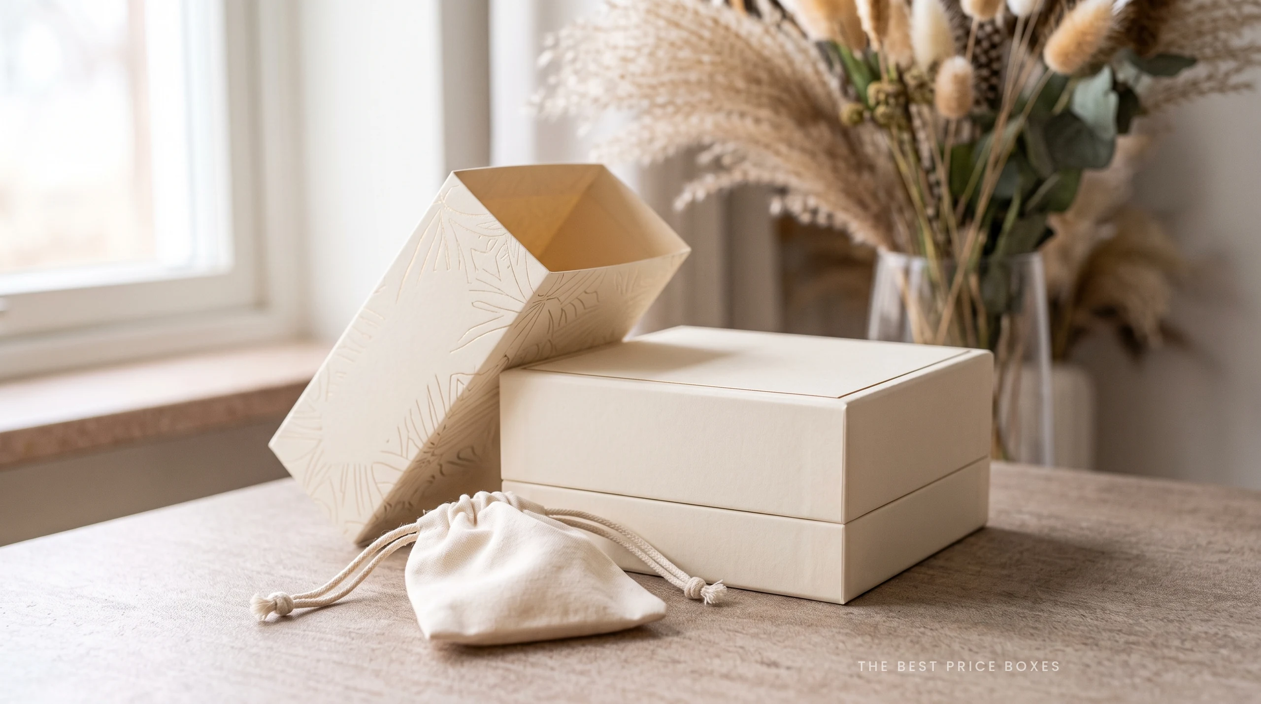 Custom luxury product packaging in ivory: a rigid two piece box with a blind embossed lid leaning against it and a cotton drawstring pouch in front.