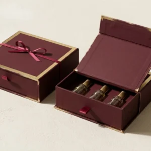 Custom Luxury Scent Boxes, closed and open view in oxblood burgundy, bulk and wholesale with no minimum order