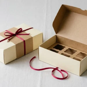 Custom Macaron Boxes, closed and open view in butter cream, bulk and wholesale with no minimum order