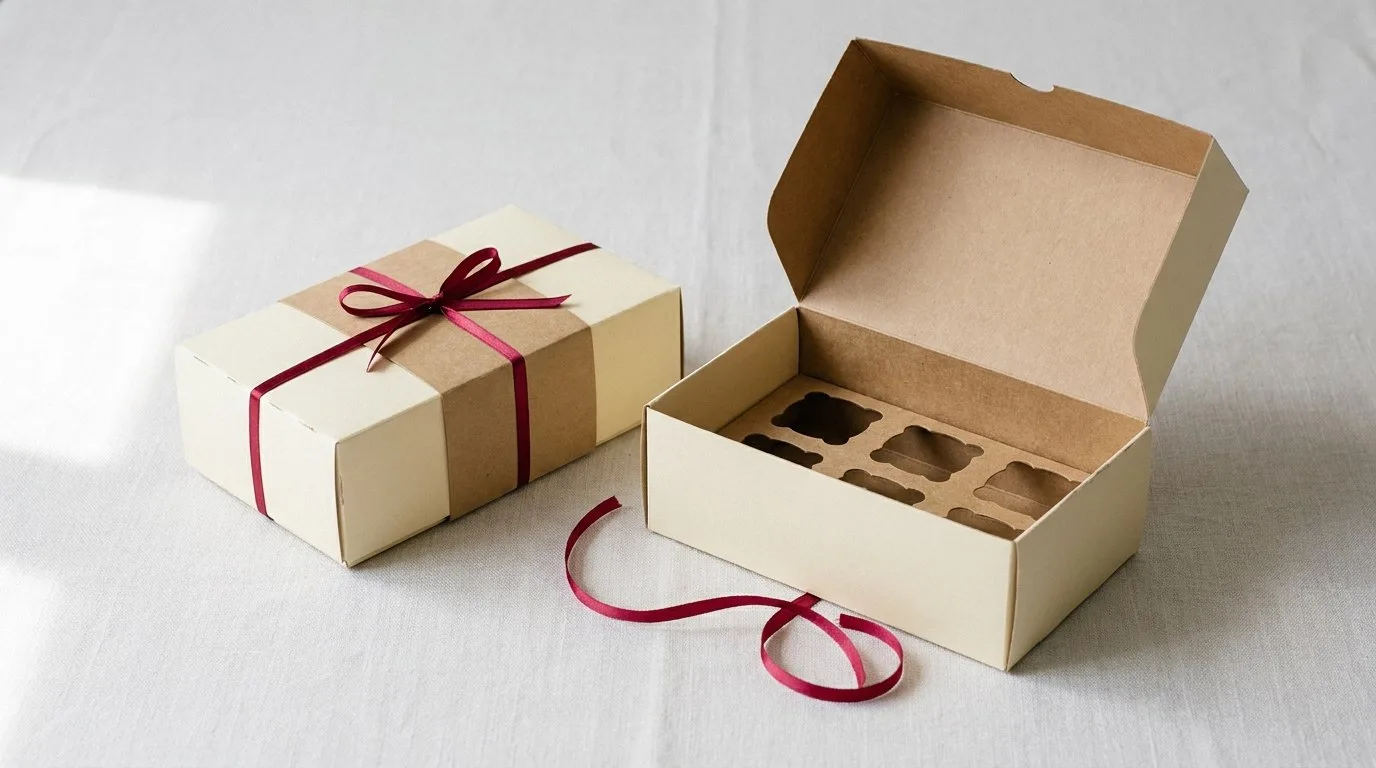 Custom Macaron Boxes, closed and open view in butter cream, bulk and wholesale with no minimum order