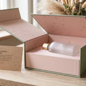 Custom magnetic closure box open on its hinge showing a blush pink printed interior with gold flecks and a fitted insert holding a frosted glass bottle.