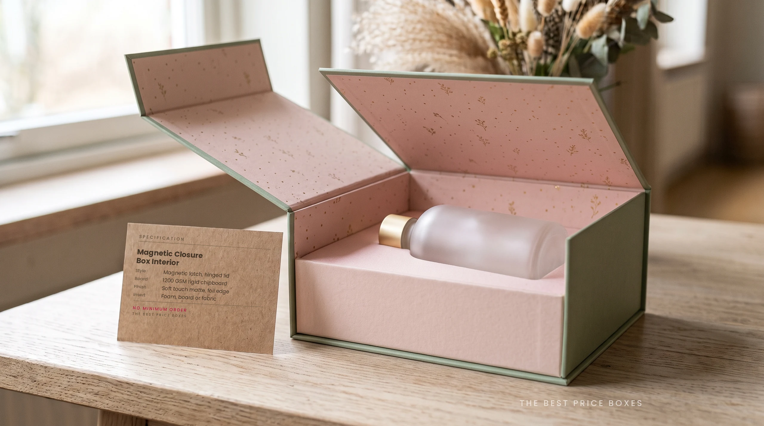 Custom magnetic closure box open on its hinge showing a blush pink printed interior with gold flecks and a fitted insert holding a frosted glass bottle.