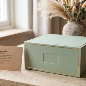 Custom magnetic closure rigid box in soft sage with a gold foil frame on the front panel and a blank deboss panel, next to a kraft spec card listing board, finish and insert options.