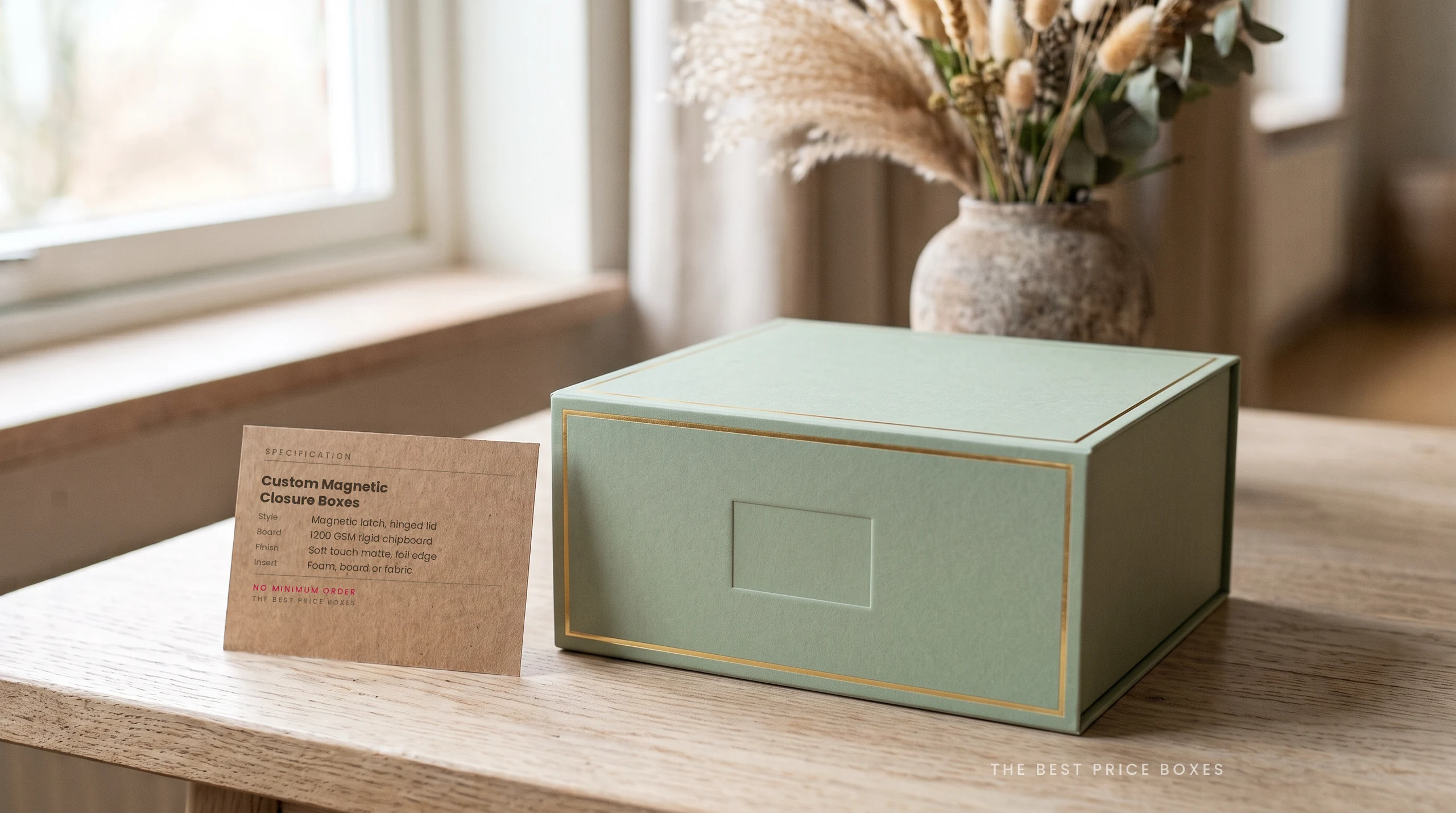 Custom magnetic closure rigid box in soft sage with a gold foil frame on the front panel and a blank deboss panel, next to a kraft spec card listing board, finish and insert options.