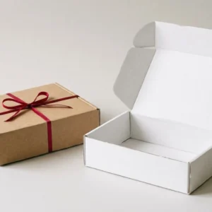 Custom Mailer Boxes, closed and open view in natural kraft and white, bulk and wholesale with no minimum order