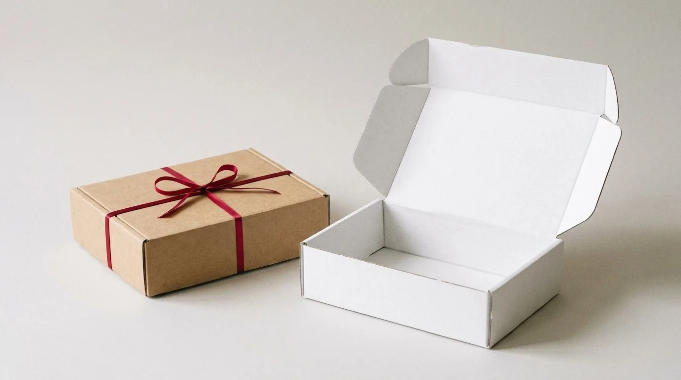 Custom Mailer Boxes, closed and open view in natural kraft and white, bulk and wholesale with no minimum order