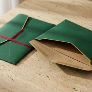 Custom Mailing Envelopes, closed and open view in deep emerald green, bulk and wholesale with no minimum order