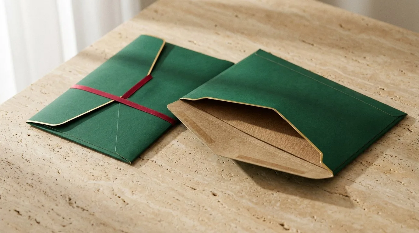 Custom Mailing Envelopes, closed and open view in deep emerald green, bulk and wholesale with no minimum order