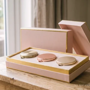 Custom make up box in blush pink with a gold foil rim, lid leaning behind, showing three cosmetic compacts held in a fitted insert.
