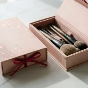 Custom Make-up Brush Boxes, closed and open view in soft blush pink, bulk and wholesale with no minimum order