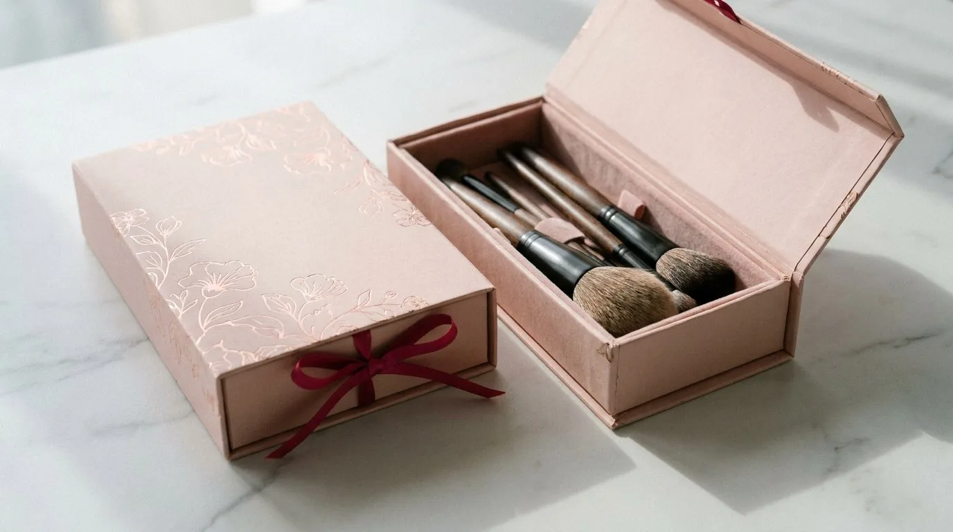 Custom Make-up Brush Boxes, closed and open view in soft blush pink, bulk and wholesale with no minimum order