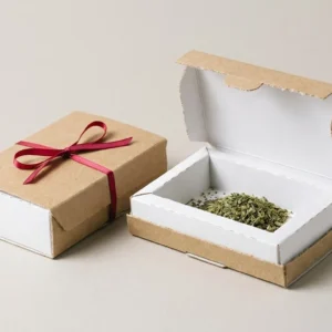 Custom Marijuana Packaging, closed and open view in natural kraft and white, bulk and wholesale with no minimum order