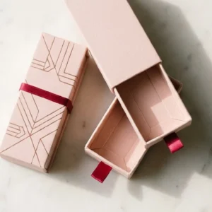 Custom Mascara Boxes, closed and open view in soft blush pink, bulk and wholesale with no minimum order