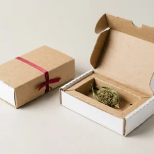 Custom Medical Marijuana Packaging, closed and open view in natural kraft and white, bulk and wholesale with no minimum order
