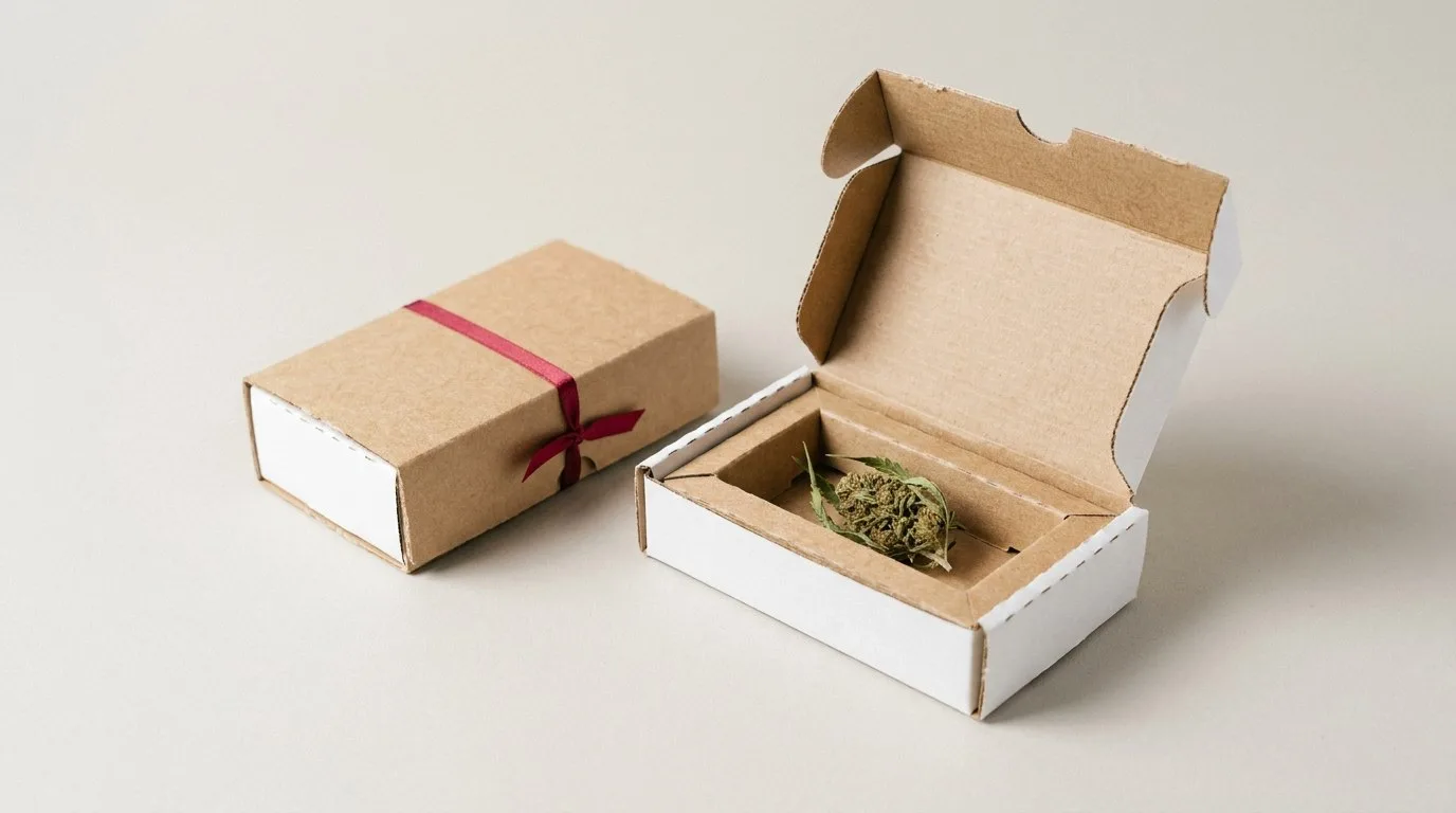 Custom Medical Marijuana Packaging, closed and open view in natural kraft and white, bulk and wholesale with no minimum order