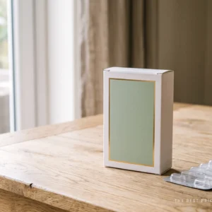 Custom medicine box in white with a soft sage panel and gold foil border, standing beside a plain blister strip.