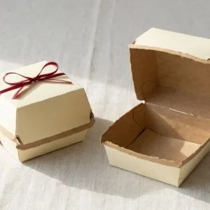 Custom Mini Burger Boxes, closed and open view in butter cream, bulk and wholesale with no minimum order