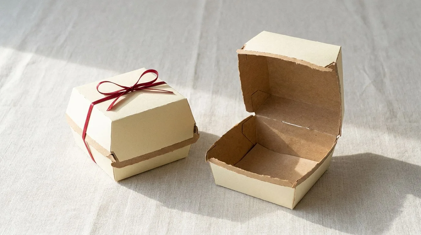 Custom Mini Burger Boxes, closed and open view in butter cream, bulk and wholesale with no minimum order