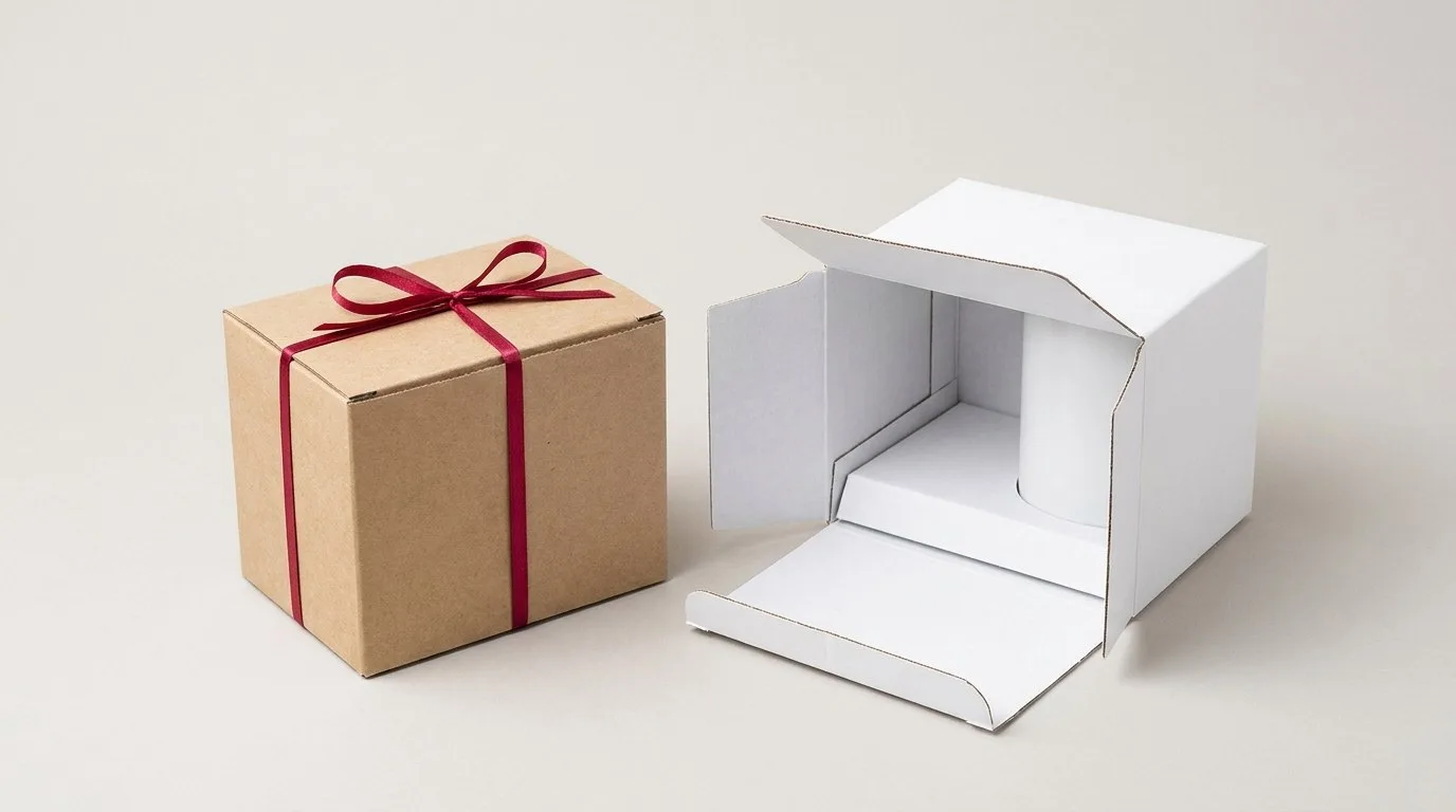Custom Mug Boxes, closed and open view in natural kraft and white, bulk and wholesale with no minimum order