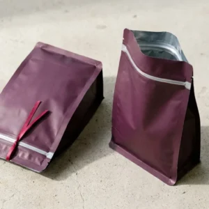 Custom Mylar Bags, closed and open view in deep plum, bulk and wholesale with no minimum order