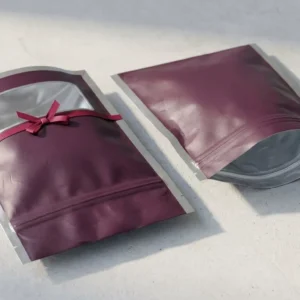 Custom Mylar Bags with Windows, closed and open view in deep plum, bulk and wholesale with no minimum order