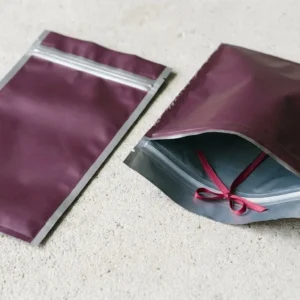 Custom Mylar Comic Bags, closed and open view in deep plum, bulk and wholesale with no minimum order