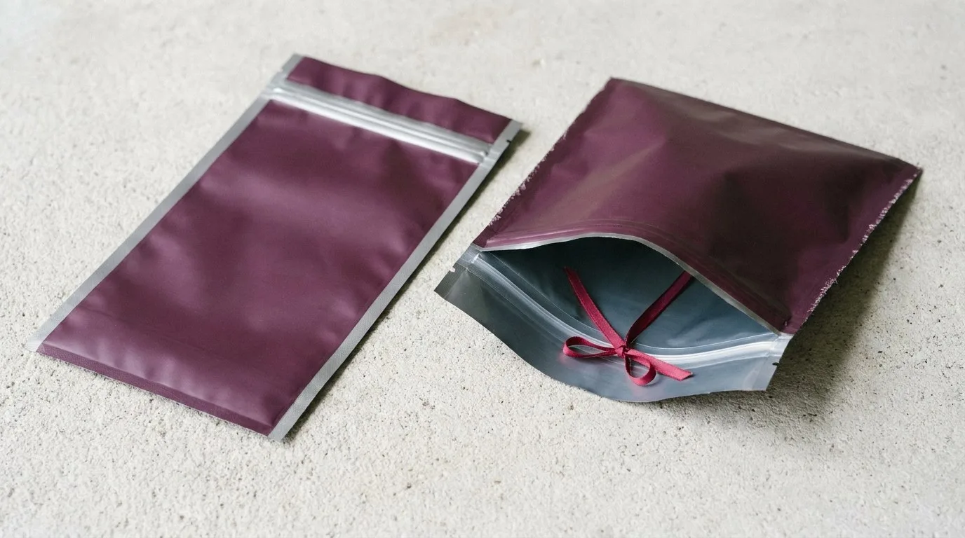 Custom Mylar Comic Bags, closed and open view in deep plum, bulk and wholesale with no minimum order